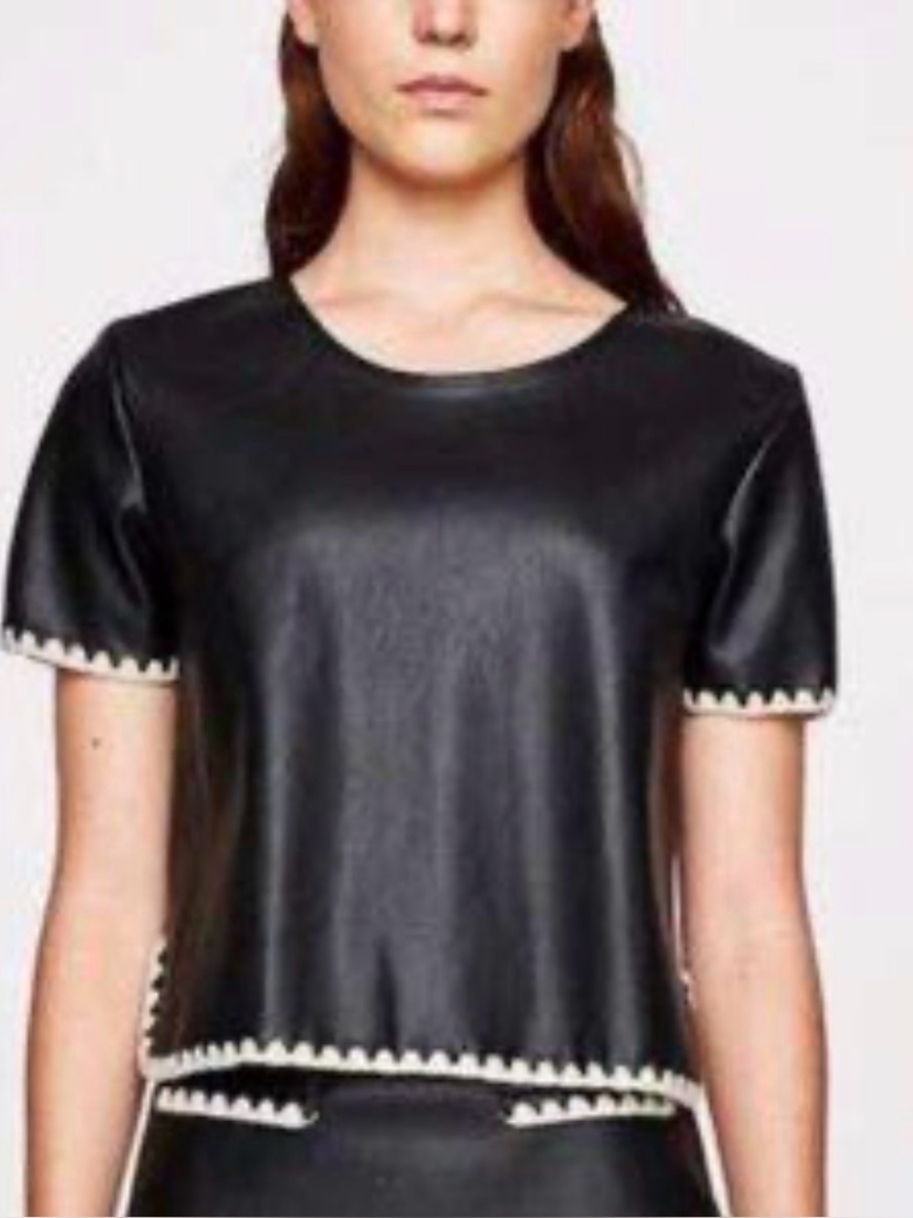 Zara Black Short-Sleeve Faux Leather Top with Cream Knit Trim, small - Picture 5 of 6